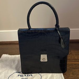 90’s Prada Black Croc embossed leather top handle handbag.